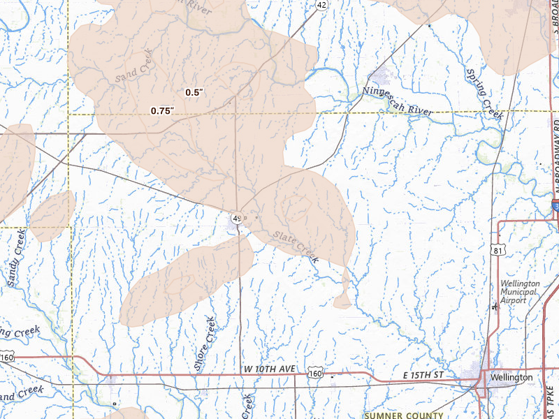 Radar-estimated hail-size map of the storm over Conway Springs, KS on Jun 25, 2026