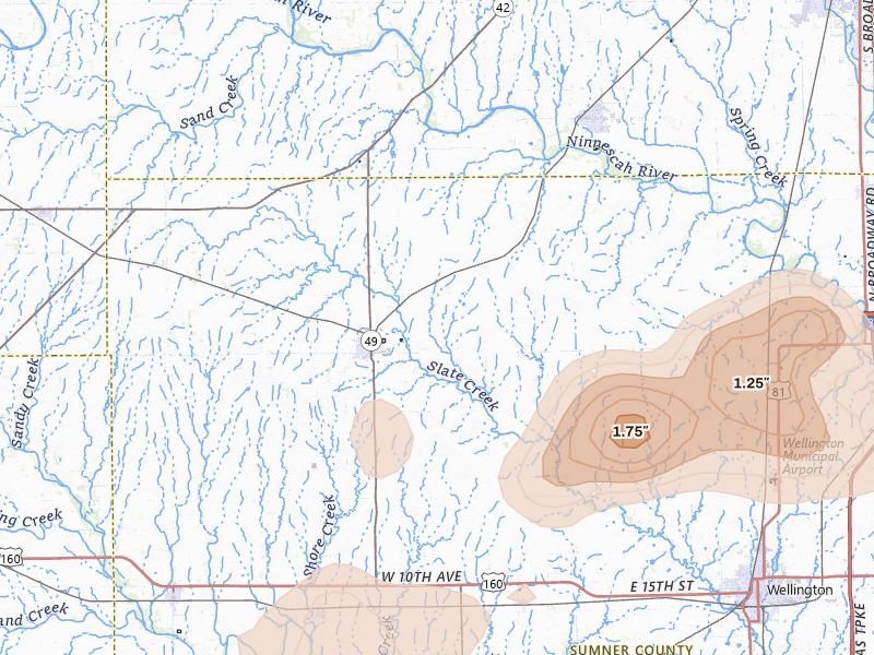 Radar-estimated hail-size map of the storm over Conway Springs, KS on Jul 9, 2026