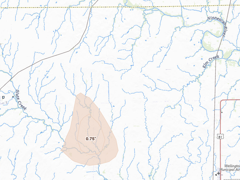 Radar-estimated hail-size map of the storm over Conway Springs, KS on Aug 21, 2026