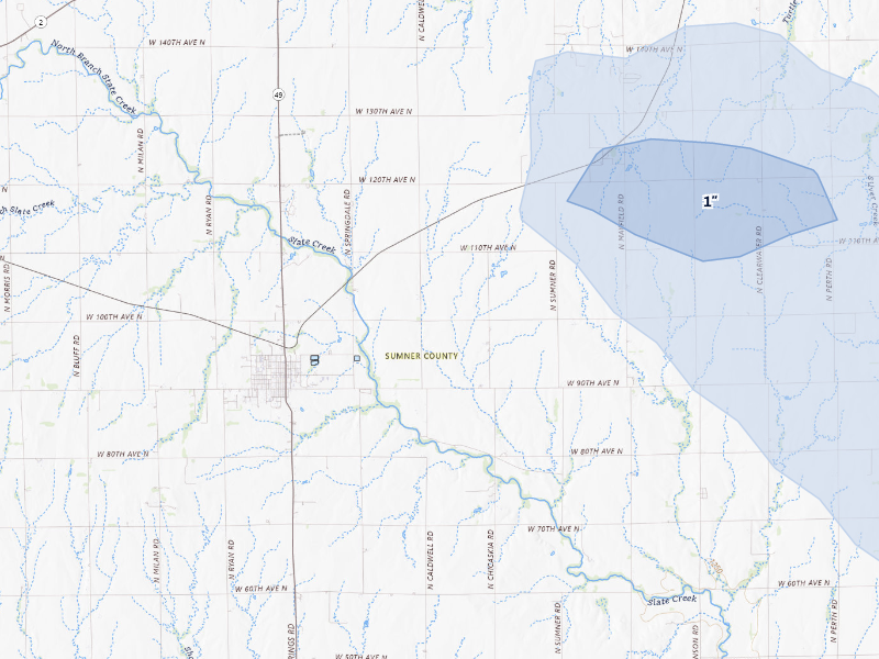 NEXRAD radar-signature map of the hail storm over Conway Springs, KS on Aug 22, 2026