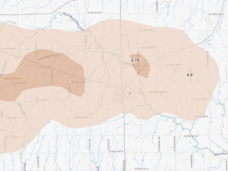 Radar-estimated hail-size map of the storm over Conway Springs, KS