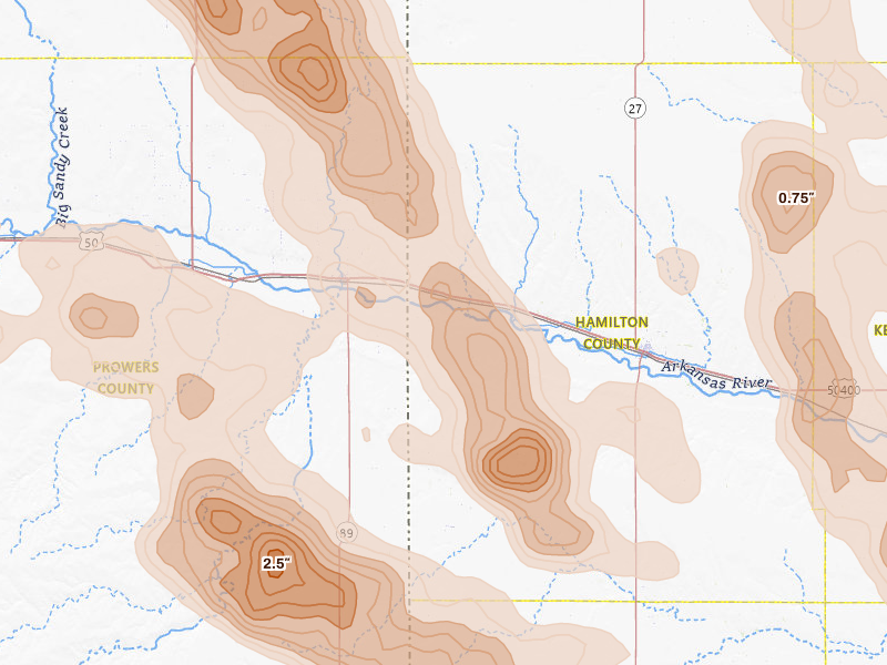 Radar-estimated hail-size map of the storm over Coolidge, KS