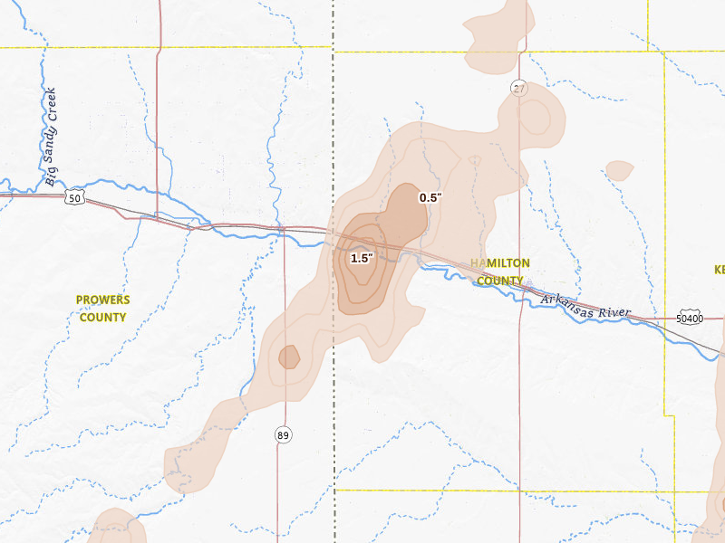 Radar-estimated hail-size map of the storm over Coolidge, KS on Jun 30, 2026