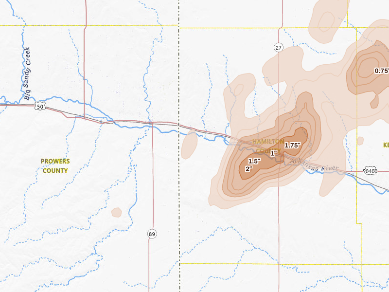 Radar-estimated hail-size map of the storm over Coolidge, KS on Jul 1, 2026