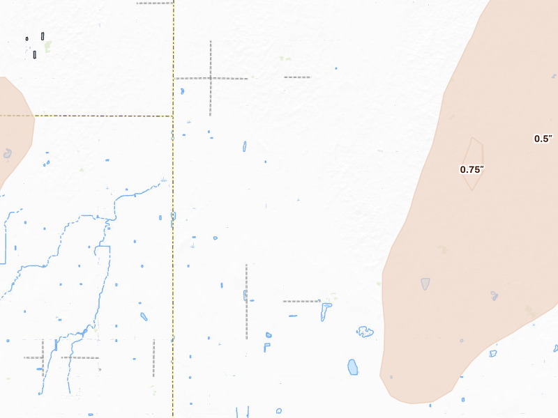 Radar-estimated hail-size map of the storm over Copeland, KS on Jun 9, 2026