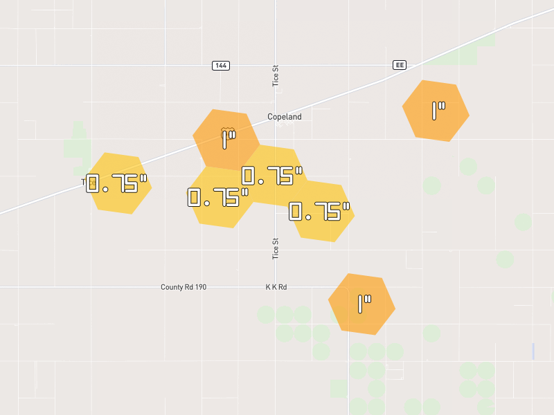 Hail map of Copeland, KS on Jun 9, 2026, hail up to 1"