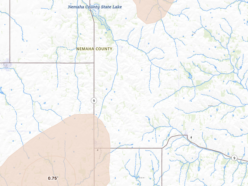 Radar-estimated hail-size map of the storm over Corning, KS on Apr 26, 2026