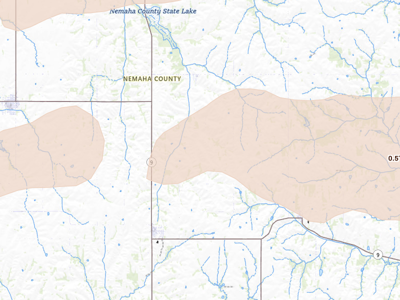 Radar-estimated hail-size map of the storm over Corning, KS on Jun 4, 2026