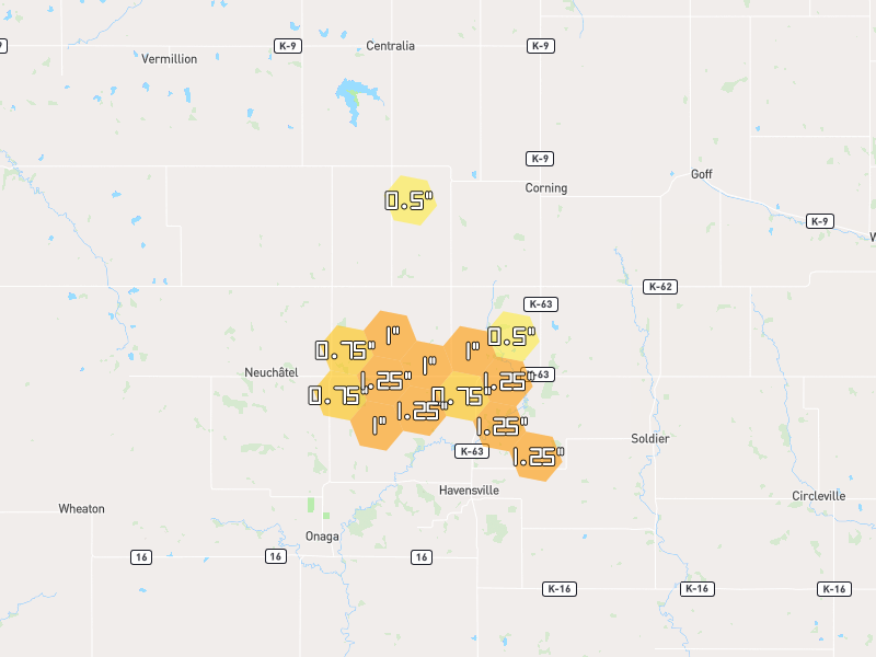 Hail map of Corning, KS on Jul 9, 2026, hail up to 1.25"