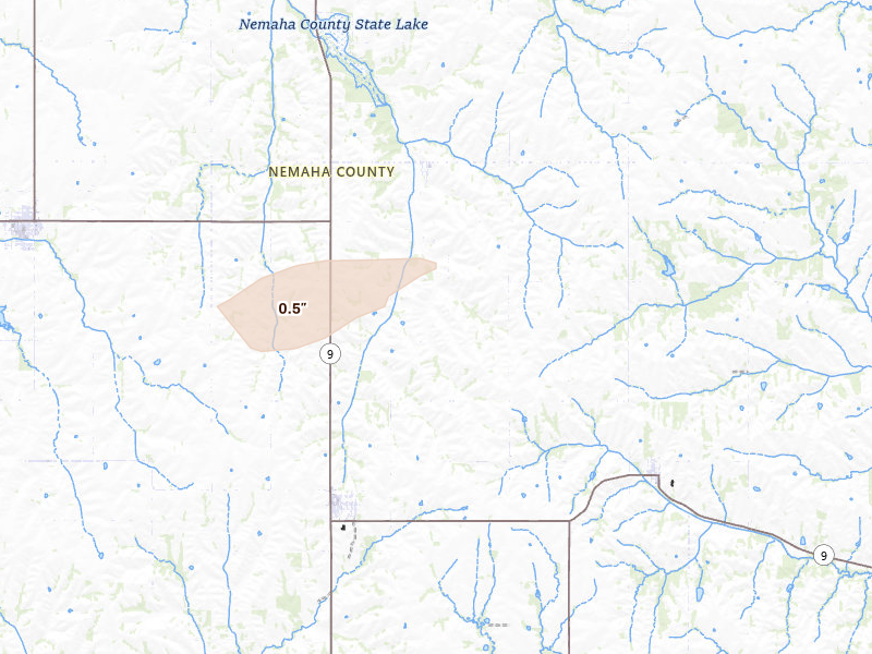 Radar-estimated hail-size map of the storm over Corning, KS on Aug 15, 2026