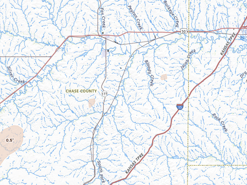 Radar-estimated hail-size map of the storm over Cottonwood Falls, KS on Mar 10, 2026
