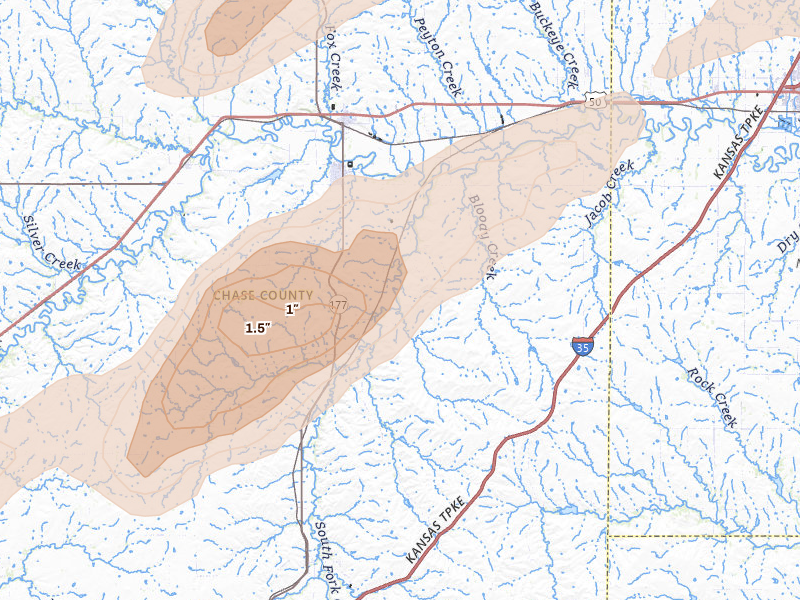 Radar-estimated hail-size map of the storm over Cottonwood Falls, KS on Apr 13, 2026