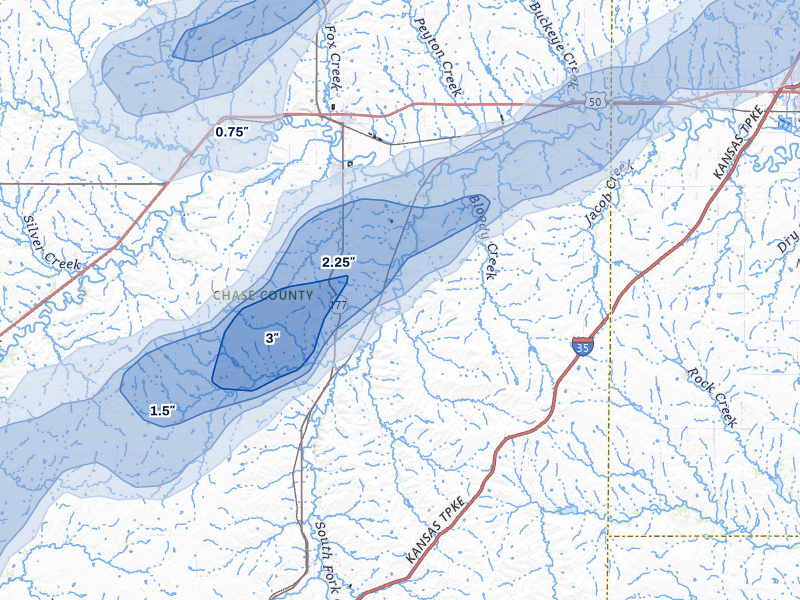 NEXRAD radar-signature map of the hail over Cottonwood Falls, KS