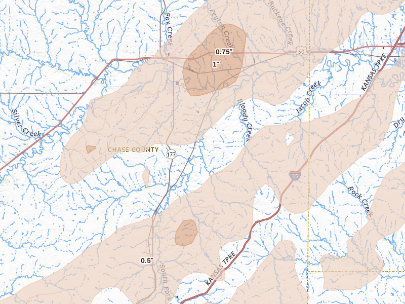 Radar-estimated hail-size map of the storm over Cottonwood Falls, KS on Apr 17, 2026