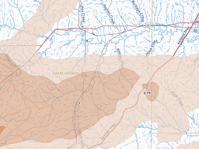 Radar-estimated hail-size map of the storm over Cottonwood Falls, KS on Apr 23, 2026