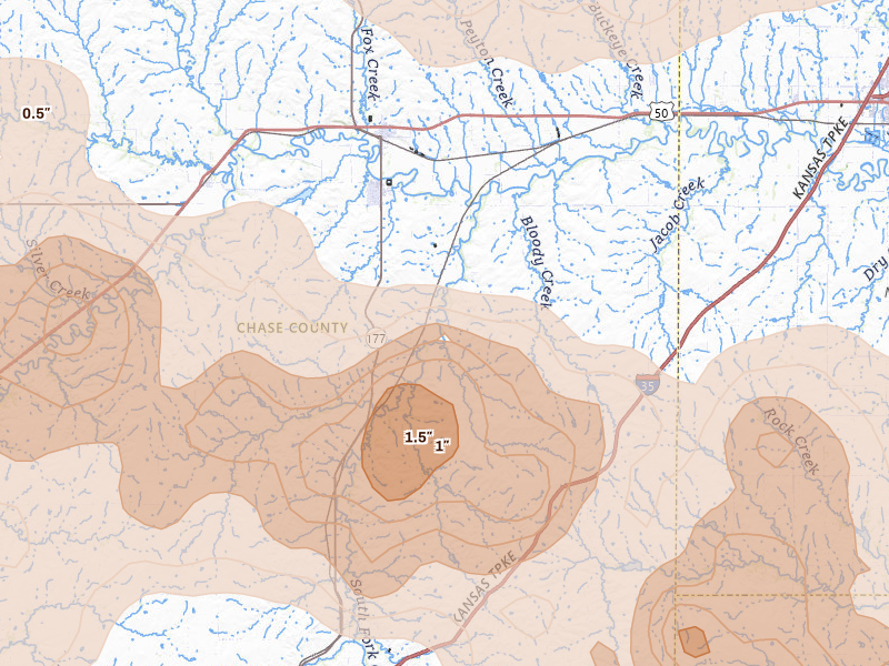 Radar-estimated hail-size map of the storm over Cottonwood Falls, KS on Apr 26, 2026