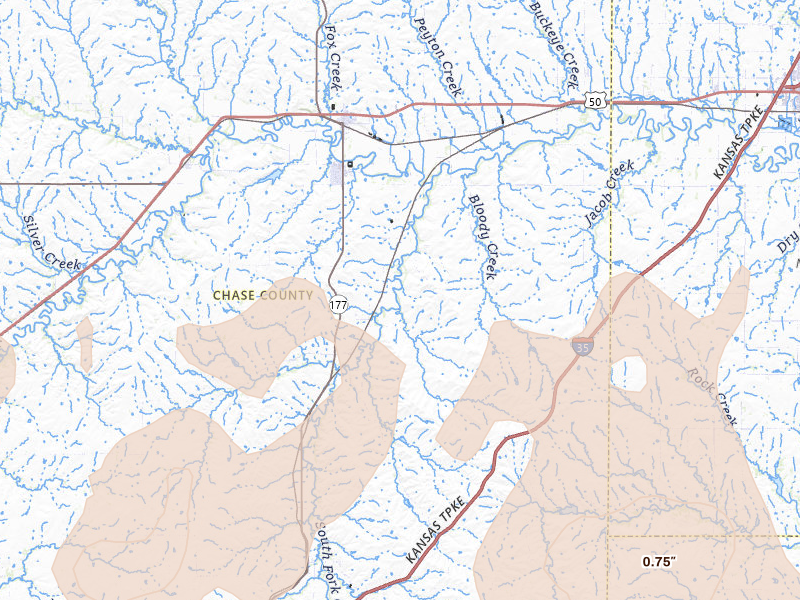 Radar-estimated hail-size map of the storm over Cottonwood Falls, KS on May 18, 2026