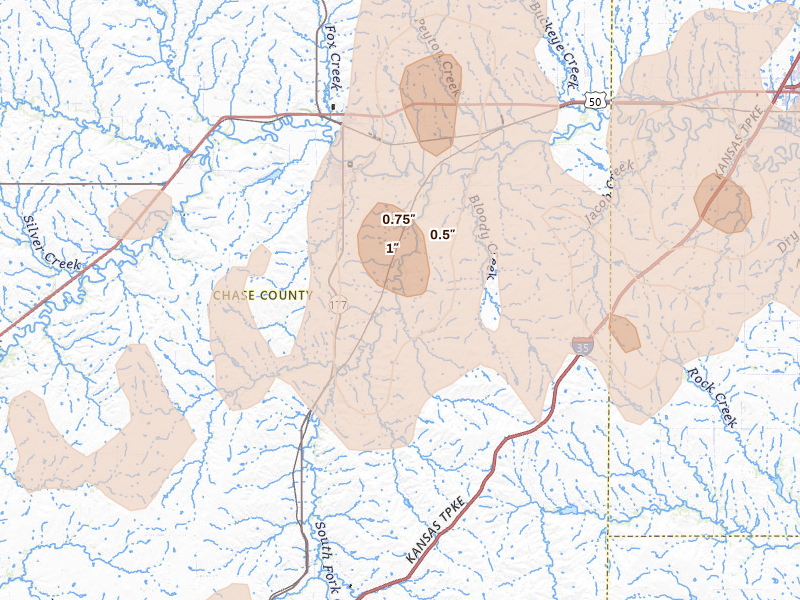 Radar-estimated hail-size map of the storm over Cottonwood Falls, KS on May 30, 2026