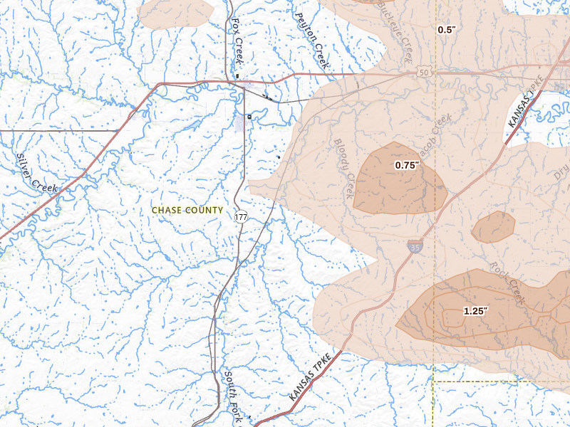 Radar-estimated hail-size map of the storm over Cottonwood Falls, KS on May 31, 2026