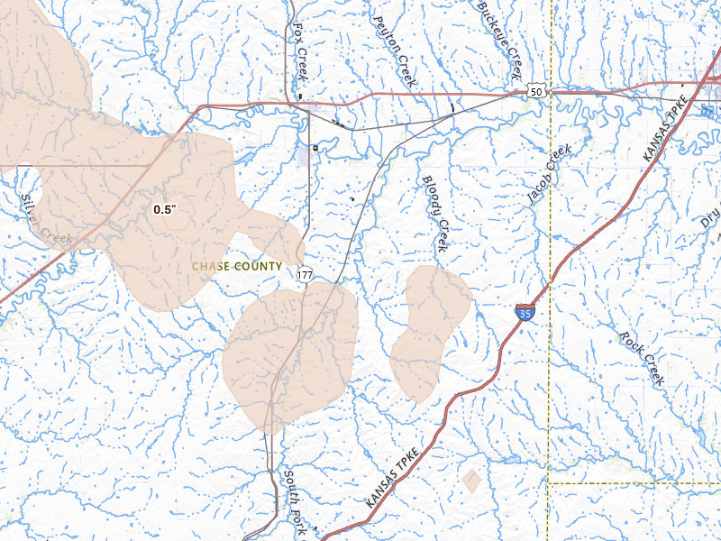 Radar-estimated hail-size map of the storm over Cottonwood Falls, KS on Jun 8, 2026