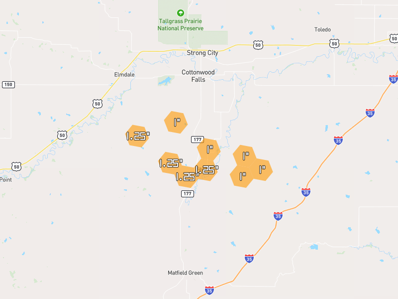 Hail map of Cottonwood Falls, KS on Jun 9, 2026, hail up to 1.25"