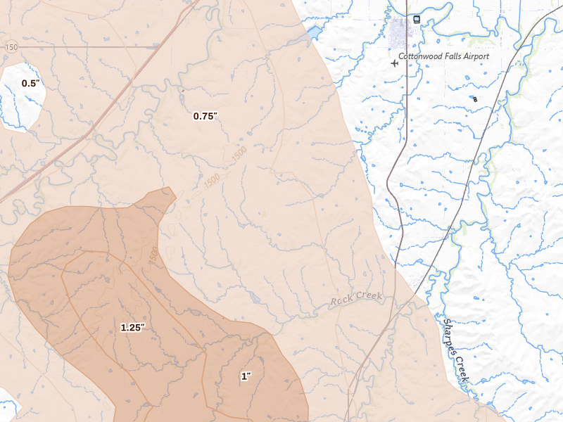 Radar-estimated hail-size map of the storm over Cottonwood Falls, KS on Aug 6, 2026