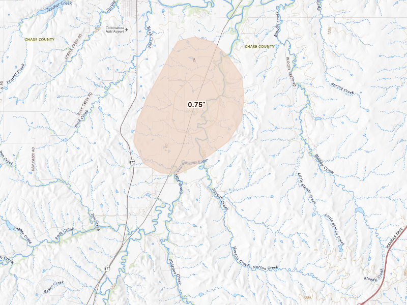 Radar-estimated hail-size map of the storm over Cottonwood Falls, KS