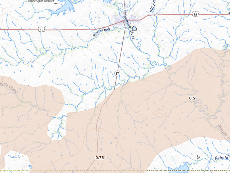 Radar-estimated hail-size map of the storm over Council Grove, KS on Apr 23, 2026