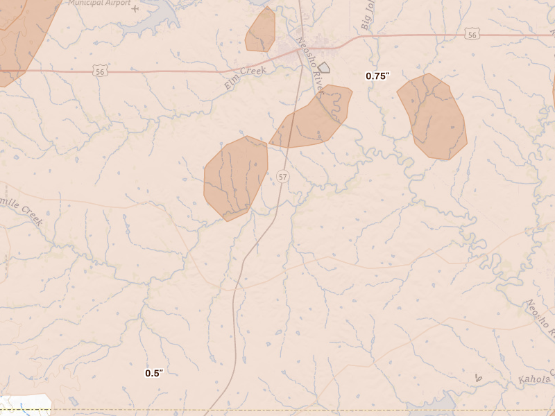 Radar-estimated hail-size map of the storm over Council Grove, KS on Apr 26, 2026