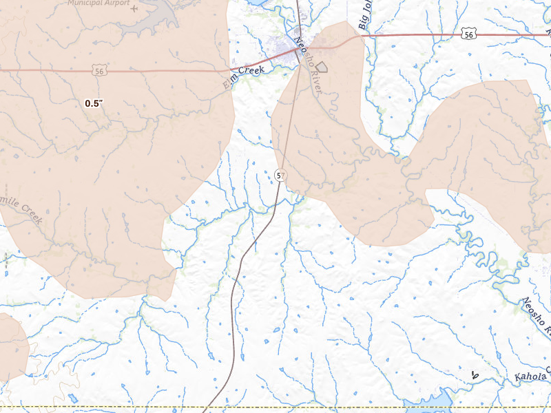 Radar-estimated hail-size map of the storm over Council Grove, KS on May 18, 2026