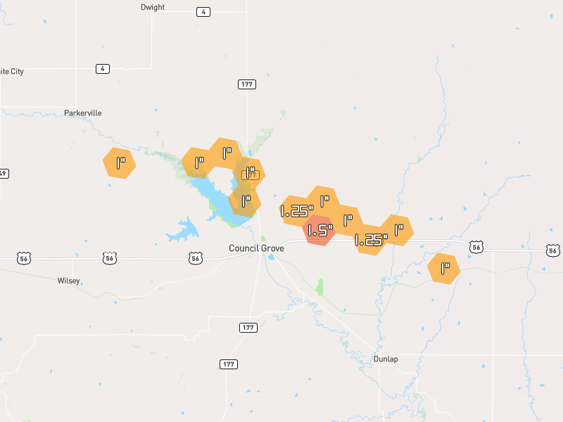 Hail map of Council Grove, KS on Jun 9, 2026, hail up to 1.5"