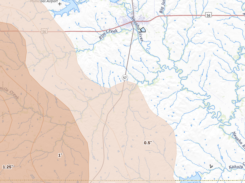 Radar-estimated hail-size map of the storm over Council Grove, KS on Jun 10, 2026