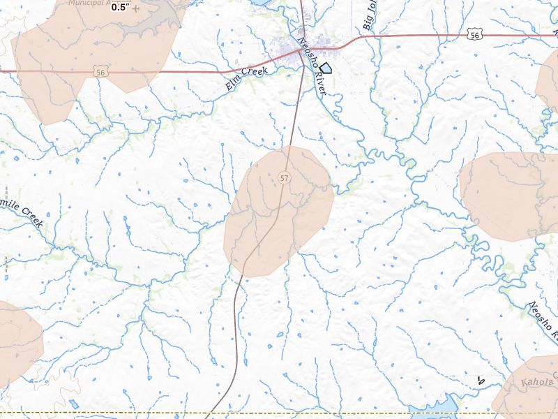 Radar-estimated hail-size map of the storm over Council Grove, KS on Jul 3, 2026