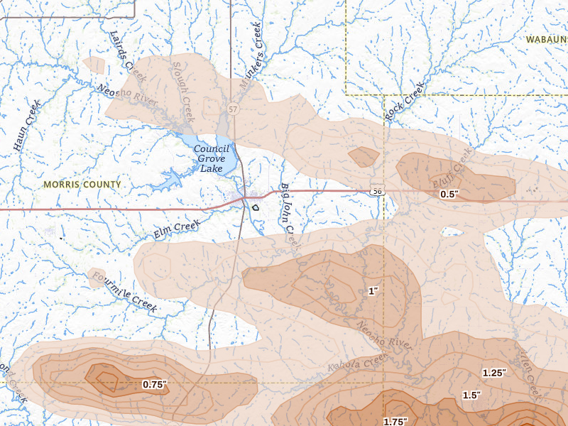 Radar-estimated hail-size map of the storm over Council Grove, KS on Aug 5, 2026
