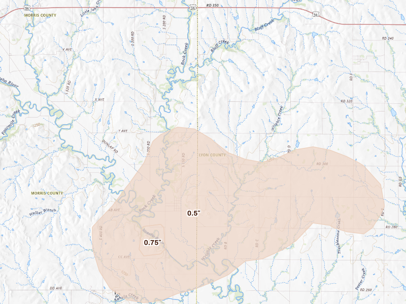 Radar-estimated hail-size map of the storm over Council Grove, KS