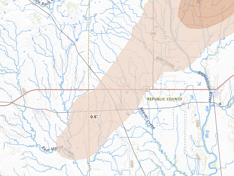 Radar-estimated hail-size map of the storm over Courtland, KS on Apr 11, 2026