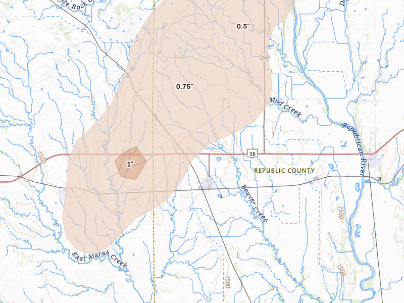 Radar-estimated hail-size map of the storm over Courtland, KS on May 17, 2026