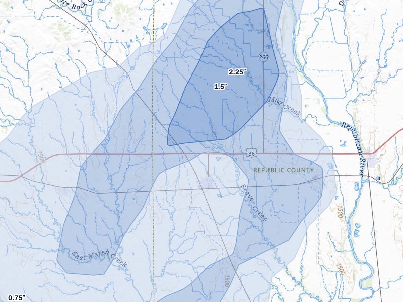 NEXRAD radar-signature map of the hail storm over Courtland, KS on May 17, 2026