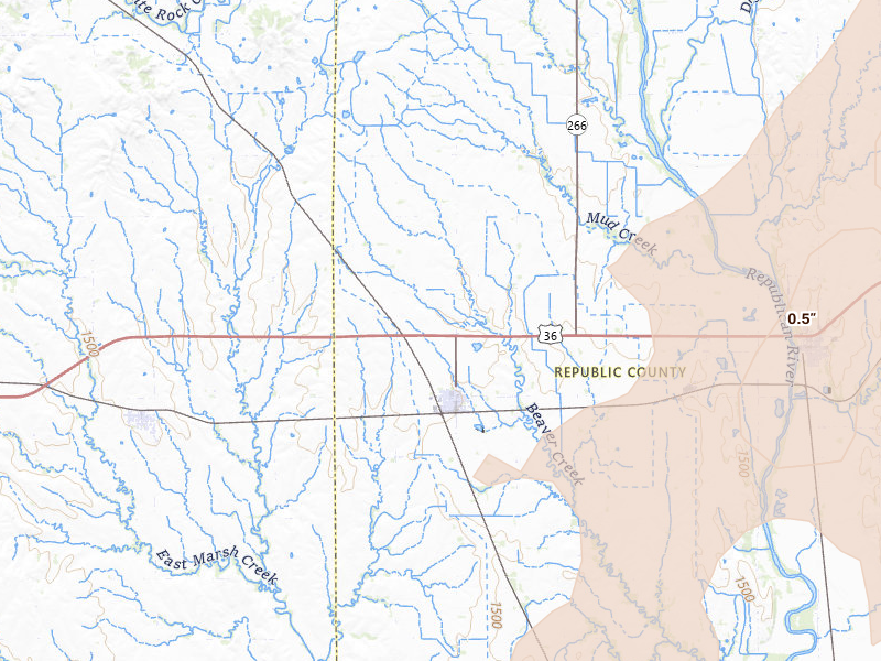 Radar-estimated hail-size map of the storm over Courtland, KS on May 18, 2026