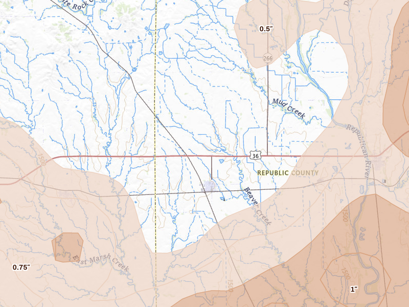 Radar-estimated hail-size map of the storm over Courtland, KS on Jul 3, 2026
