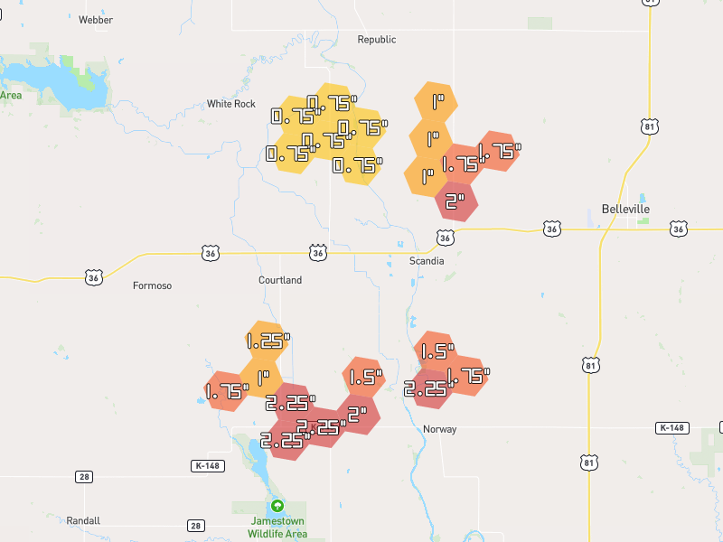 Hail map of Courtland, KS on Jul 4, 2026, hail up to 2.25"