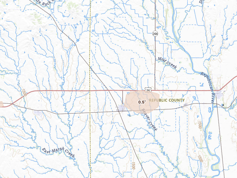 Radar-estimated hail-size map of the storm over Courtland, KS on Jul 30, 2026
