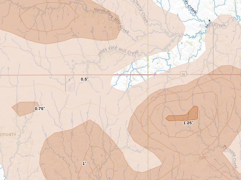 Radar-estimated hail-size map of the storm over Cuba, KS on Apr 9, 2026