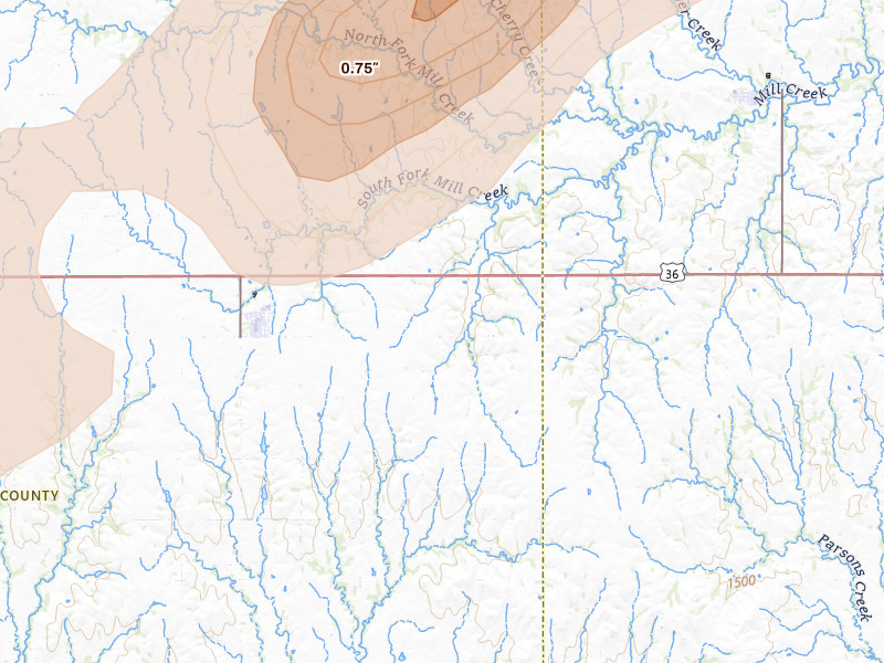 Radar-estimated hail-size map of the storm over Cuba, KS on Apr 11, 2026