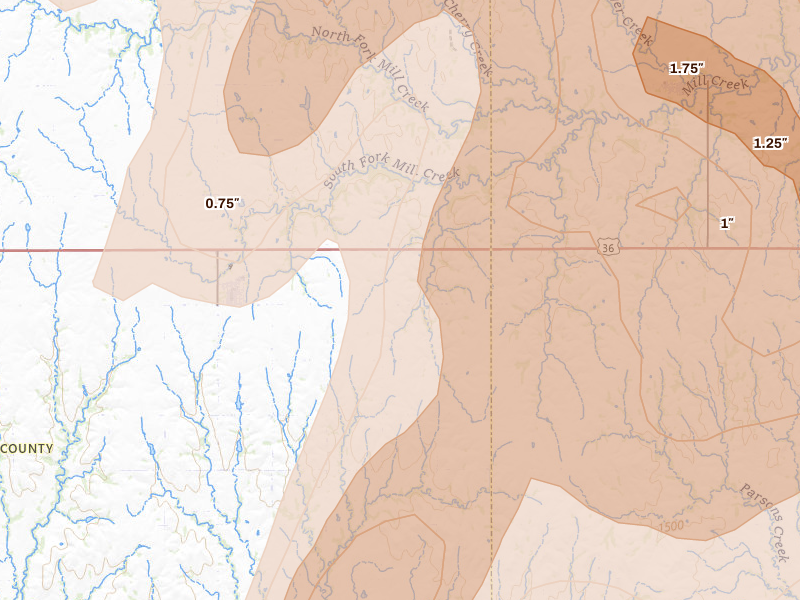 Radar-estimated hail-size map of the storm over Cuba, KS on May 16, 2026