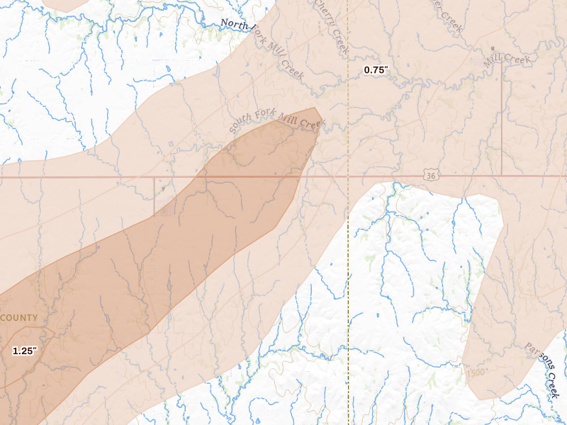Radar-estimated hail-size map of the storm over Cuba, KS on May 18, 2026