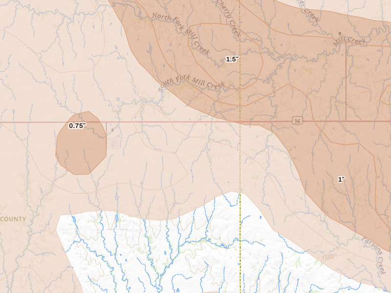 Radar-estimated hail-size map of the storm over Cuba, KS on Jul 3, 2026