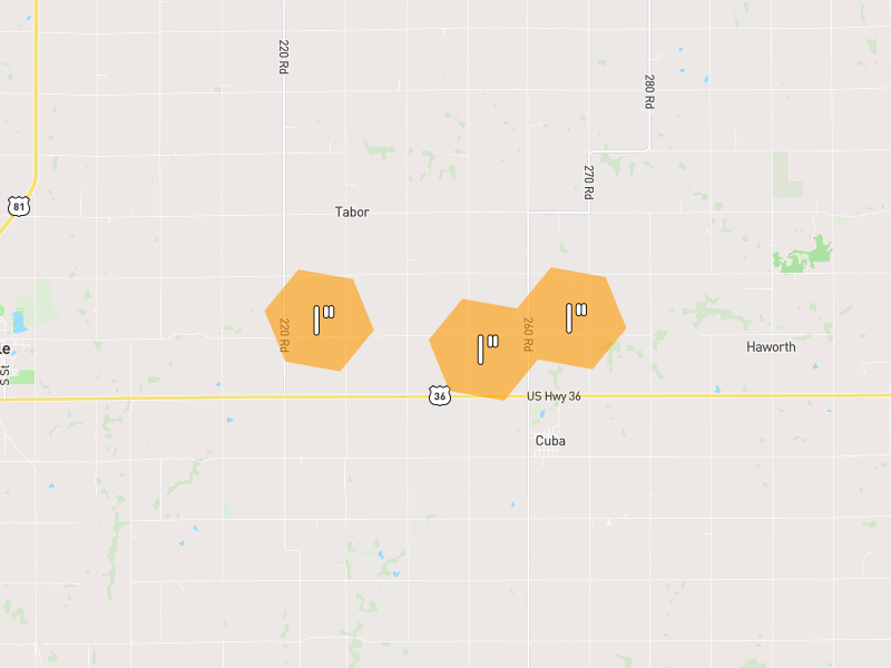 Hail map of Cuba, KS on Jul 4, 2026, hail up to 1"