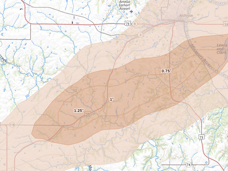Radar-estimated hail-size map of the storm over Cummings, KS on Apr 17, 2026