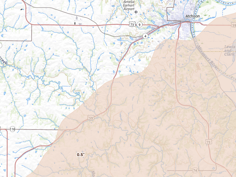 Radar-estimated hail-size map of the storm over Cummings, KS on Apr 26, 2026